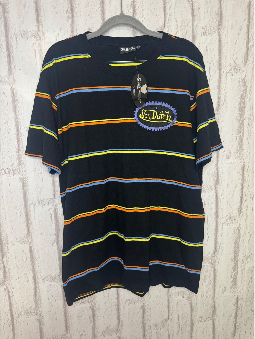 Von Dutch Striped T-Shirt Large Black Embroidered Logo Y2K NWT